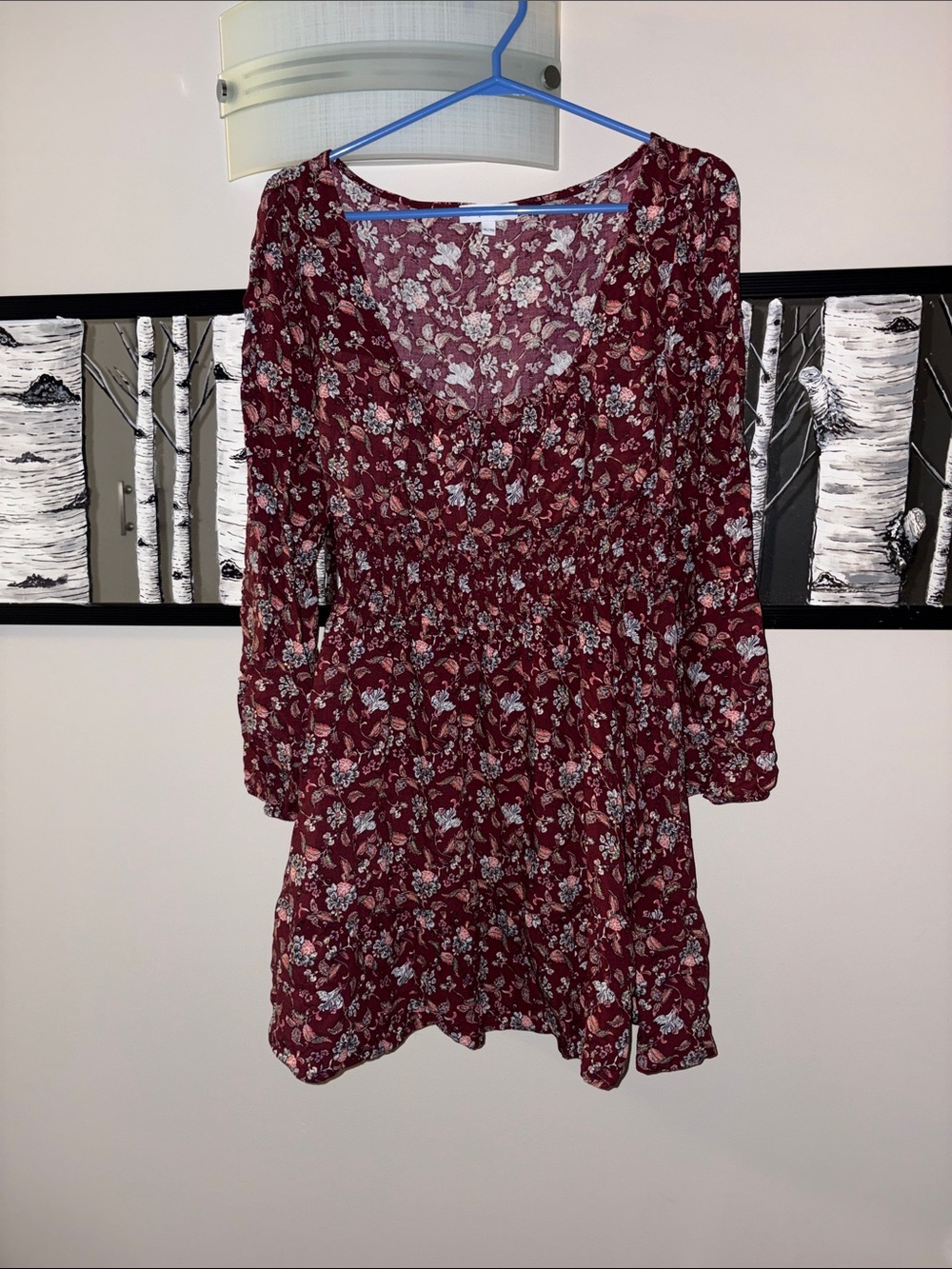 Floral Long Sleeve Mini Dress - Burgundy